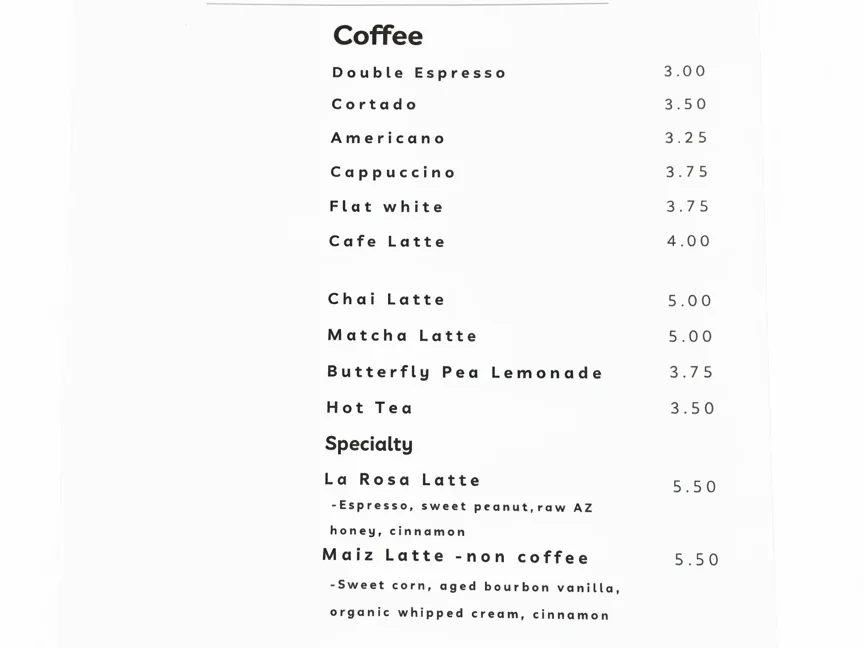 Talega Coffee - Tucson, AZ Menu