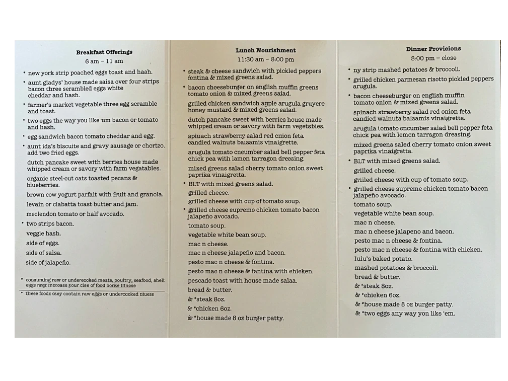 Lux Central Food Menu