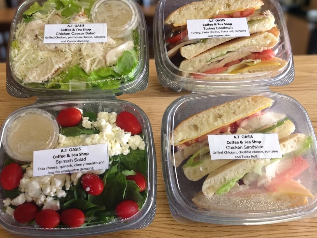 AT Oasis Salads (Chicken Caesar, Turkey sandwich, spinach salad, chicken sandwich)