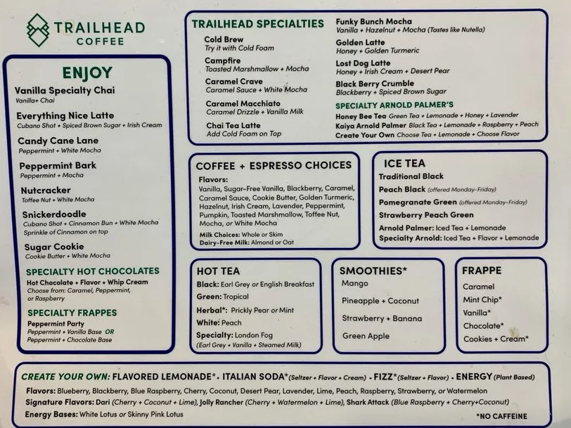 Trailhead Coffee Cafe Menu