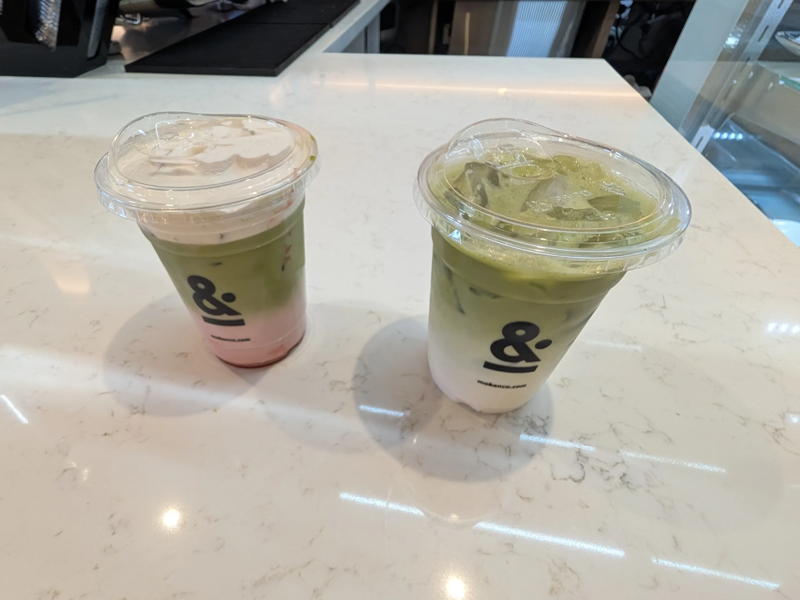 Moka & Co. in downtown Chandler, AZ. Image showing the regular Matcha and Strrawberry Matcha from Moka and Co.