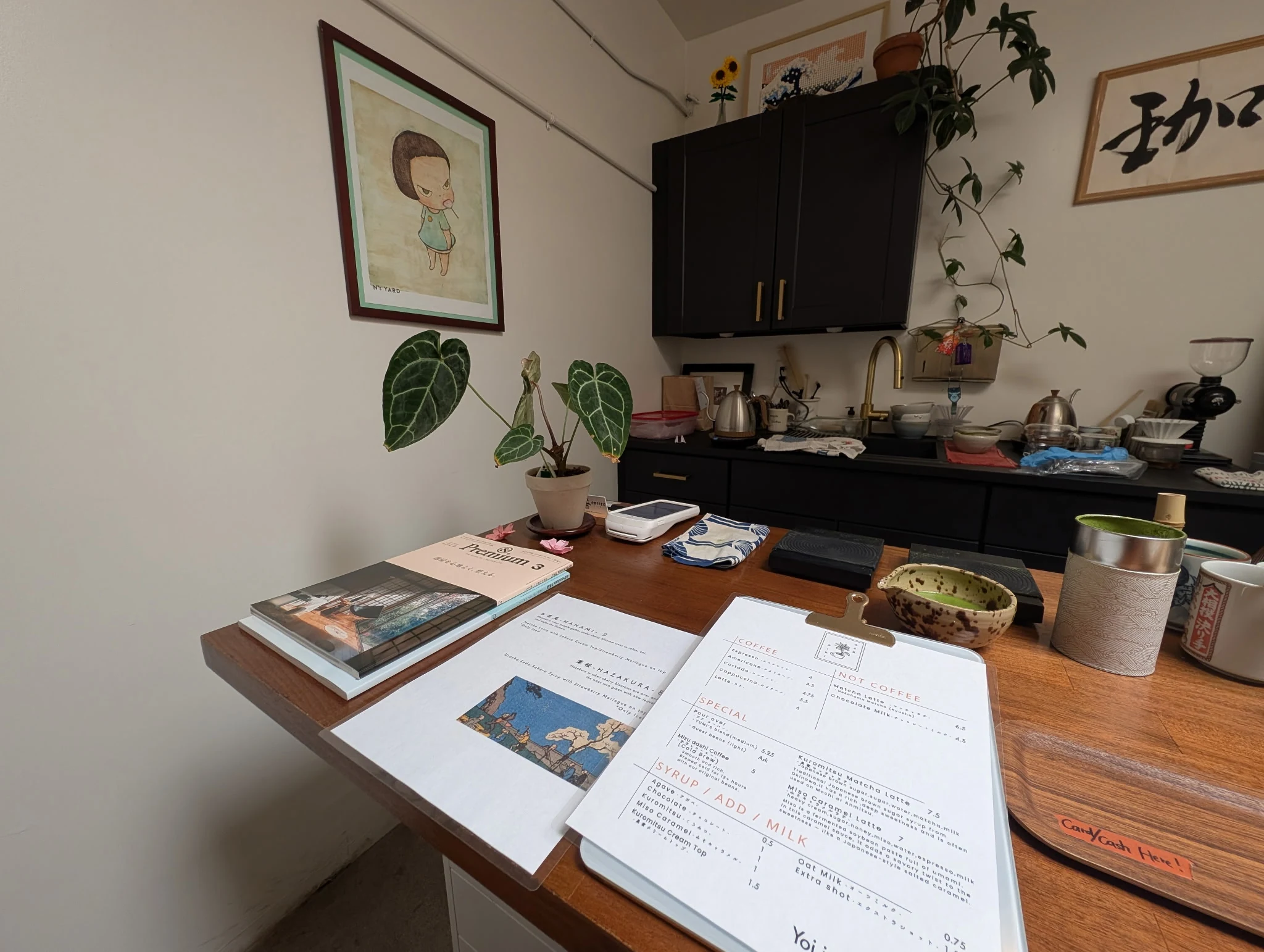 Yumis Coffee Barista Bar Area and menus on the bar