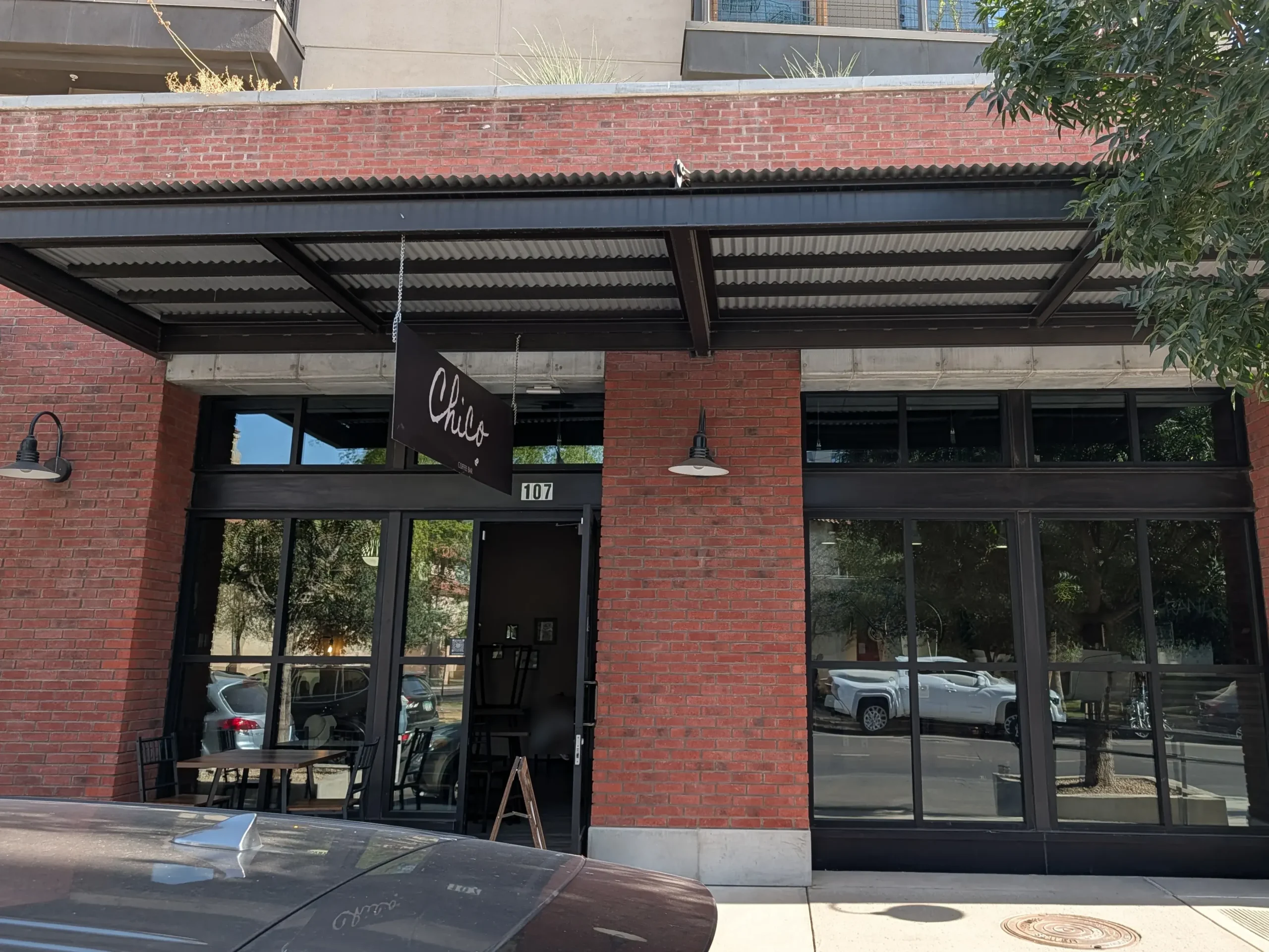 Chico Coffee Bar in Phoenix Arizona's Roosevelt Row Arts District. Image Showing the Front View and Front Door of the Coffee Shop
