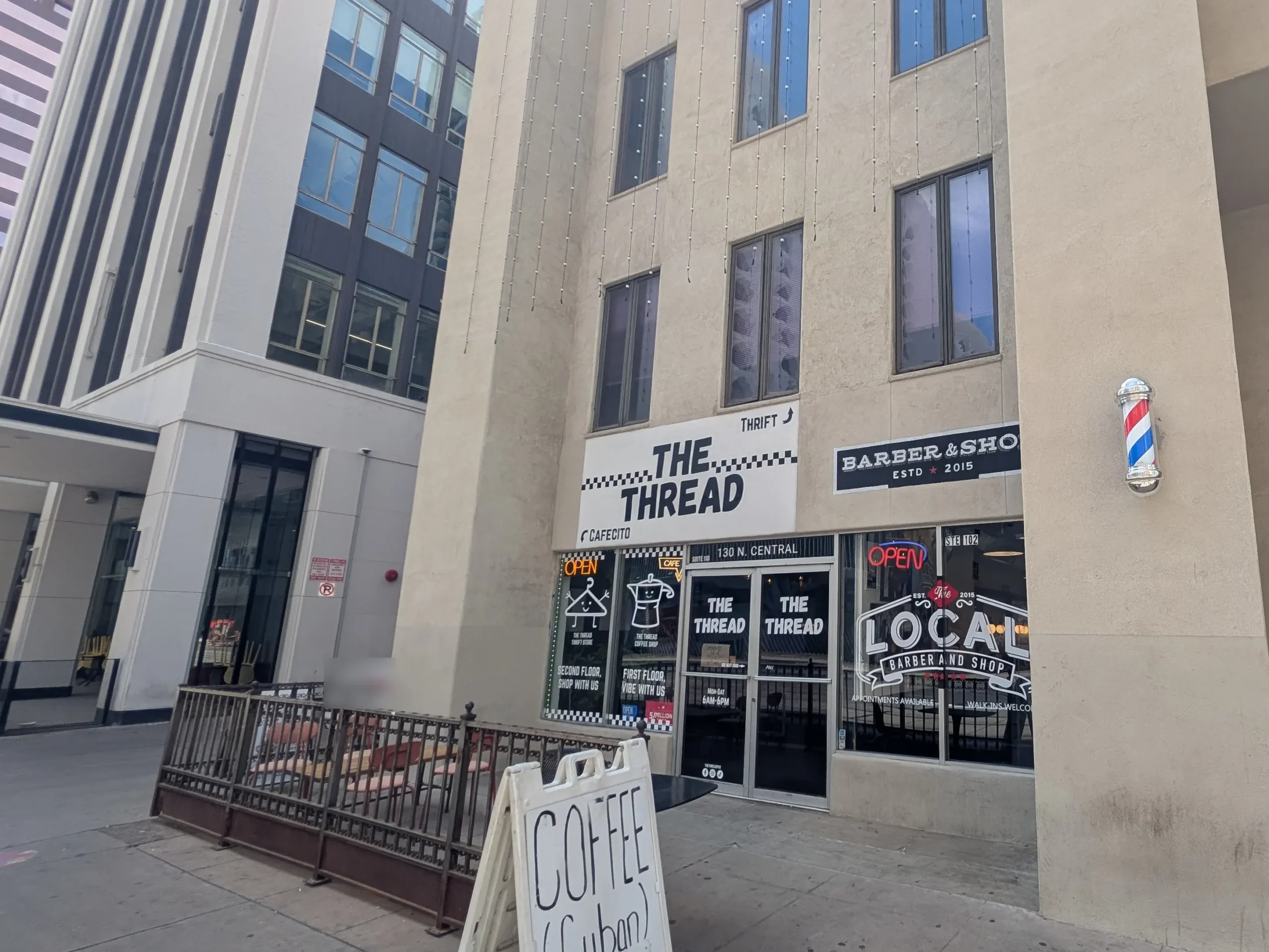 The Thread Cafecito in downtown Phoenix AZ. Image showing the front of the building and entrance