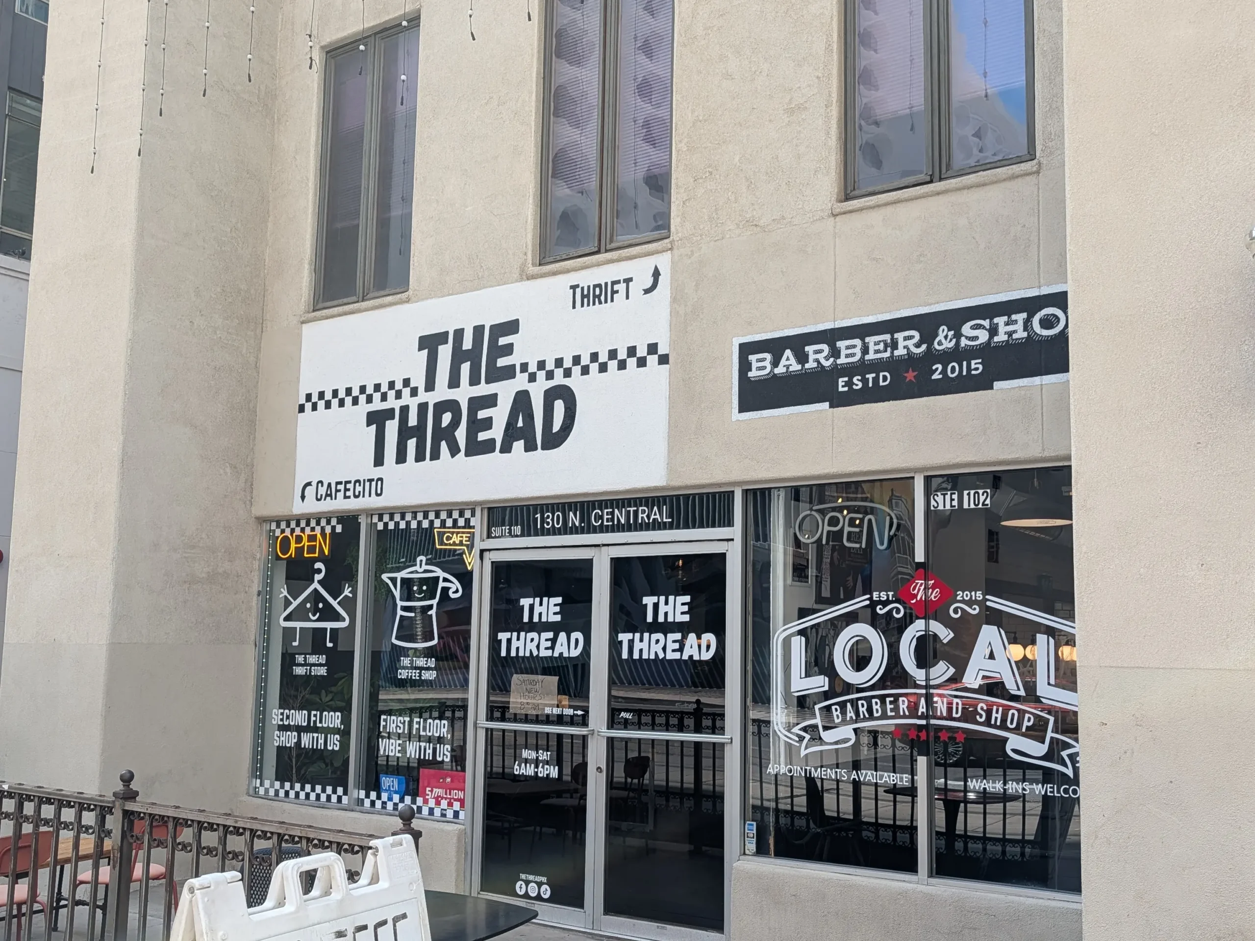 The Thread Cafecito in downtown Phoenix AZ. Image showing the front of the building and entrance