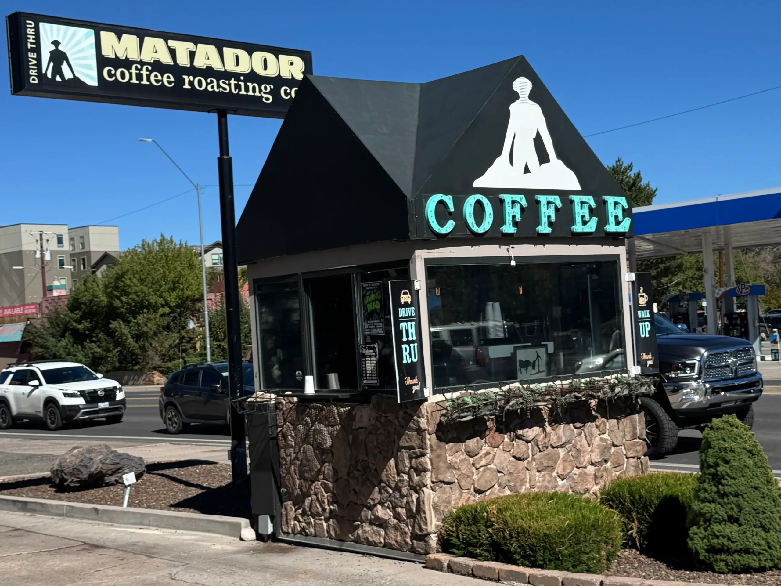 Metador Coffee in Flagstaff, AZ. Milton Location. Image showing the drive thru window and booth