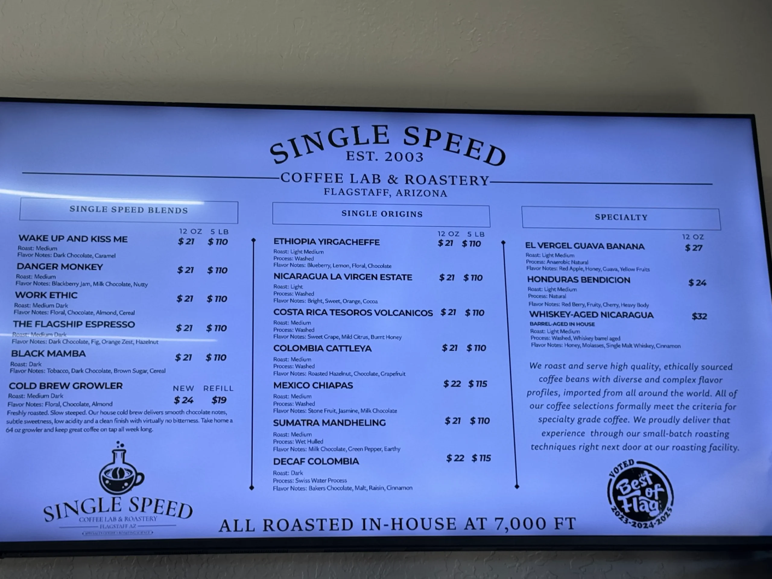 Single Speed Coffee Menu